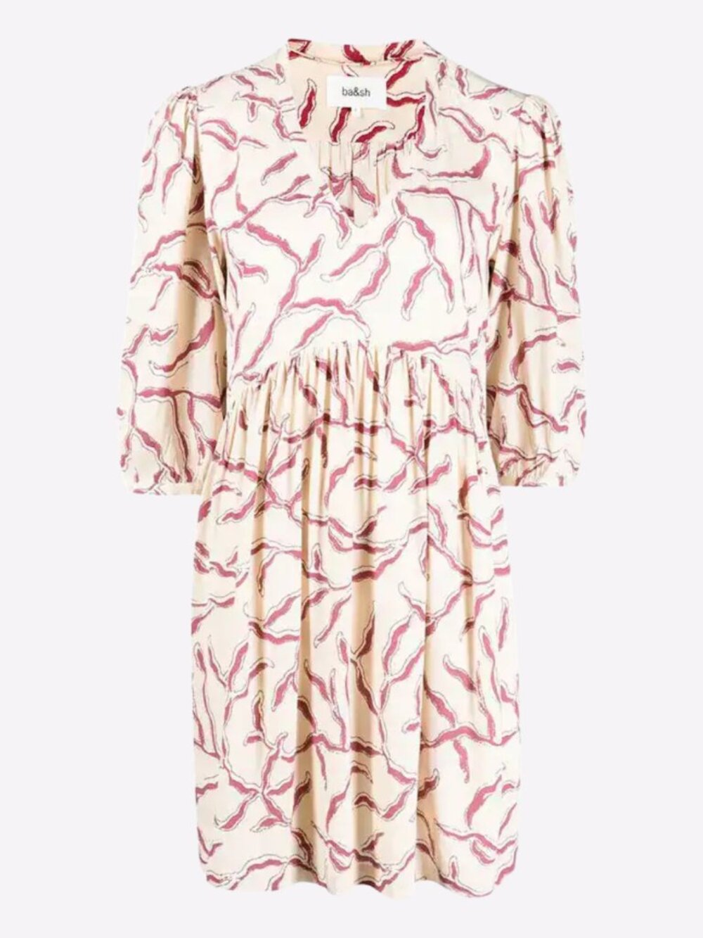 Ba&sh Constance Gathered Print Mini Dress Quarter Sleeve Crepe Beige/Red Sz 1